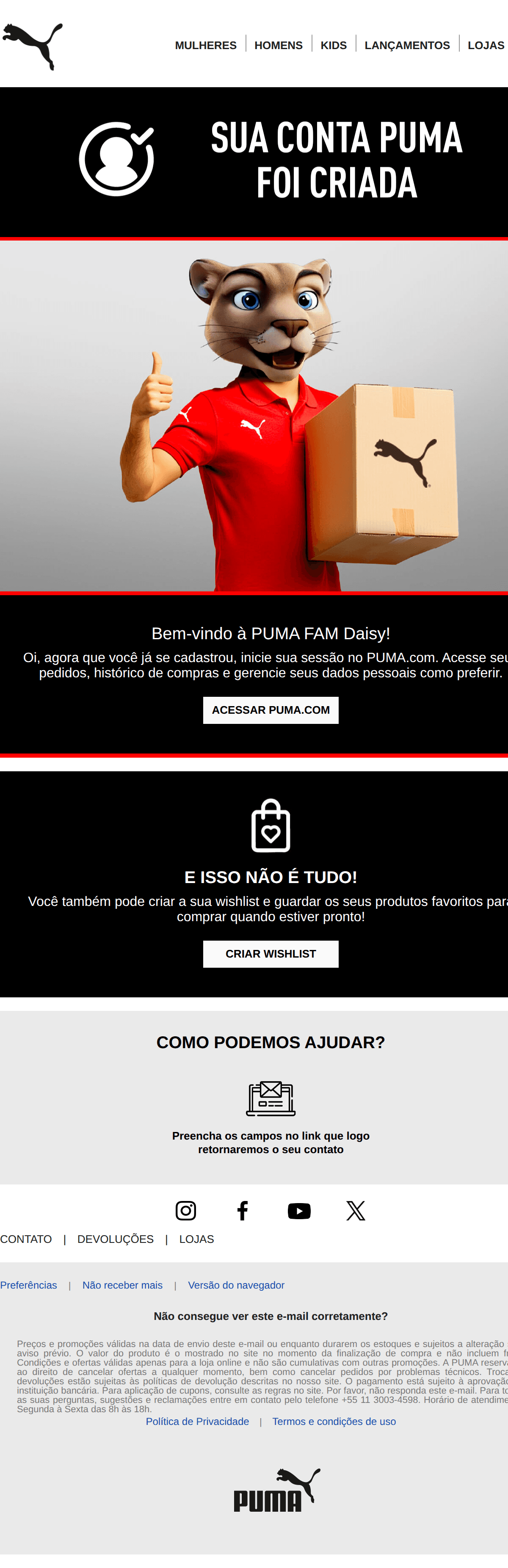 Puma: Sua conta PUMA foi criada corretamente