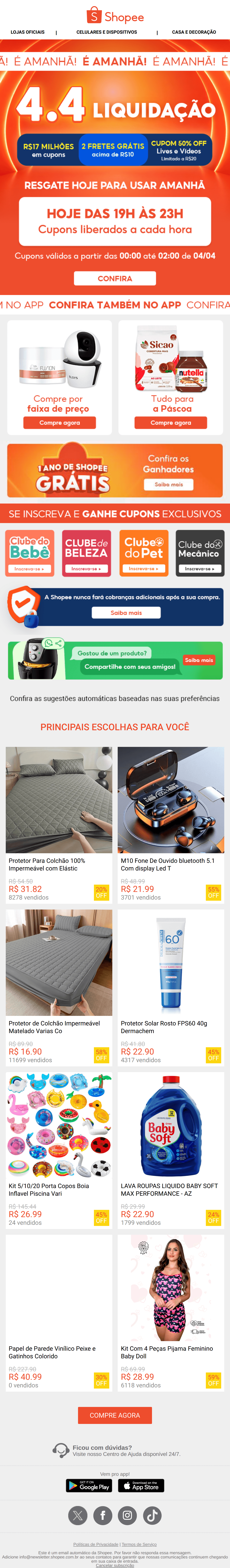Shopee: É AMANHÃ: LIQUIDA 4.4 DA SHOPEE 🔥