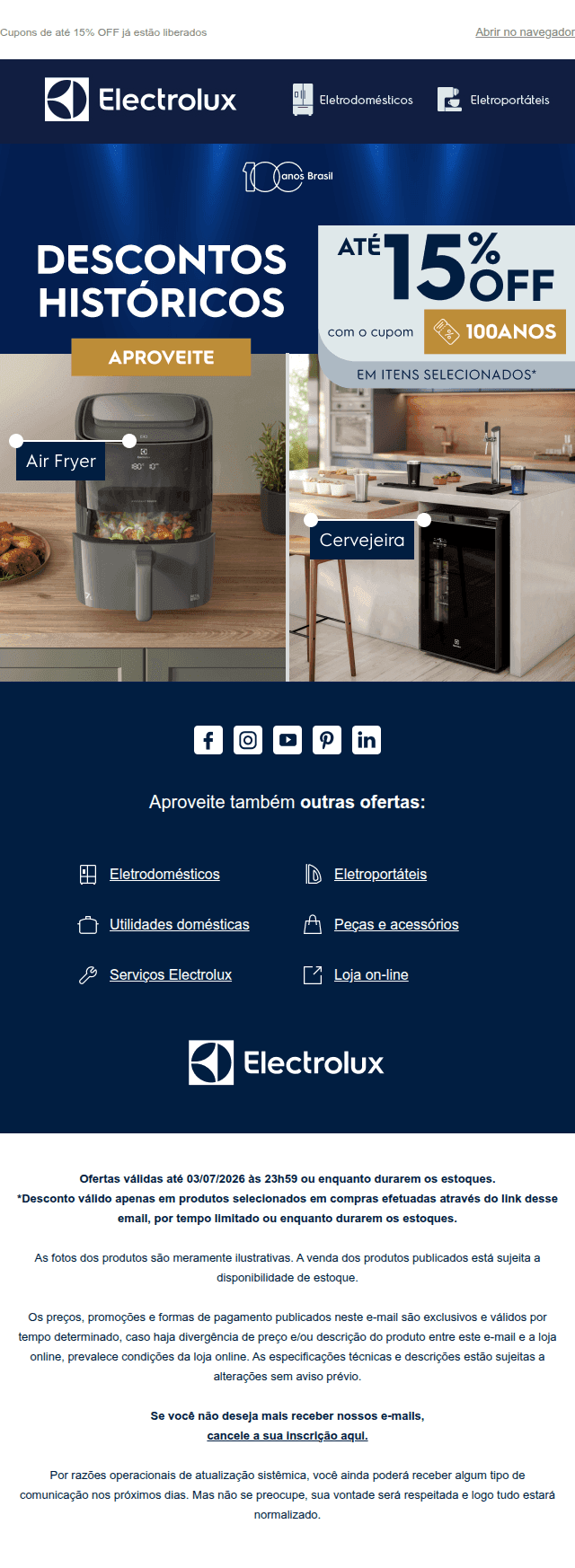 Electrolux: 🎁100 anos merecem descontos inesquecíveis