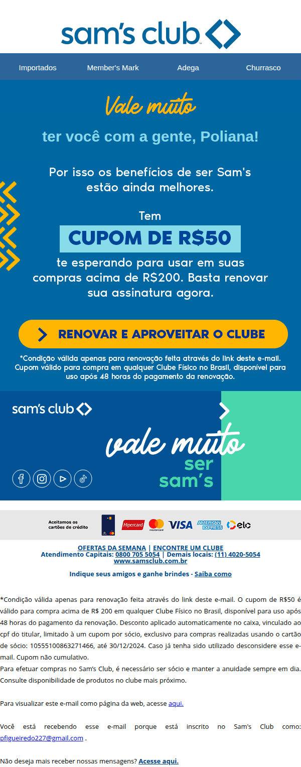 Sam's club: Renove sua assinatura Sam's e ganhe um presente! 🎁