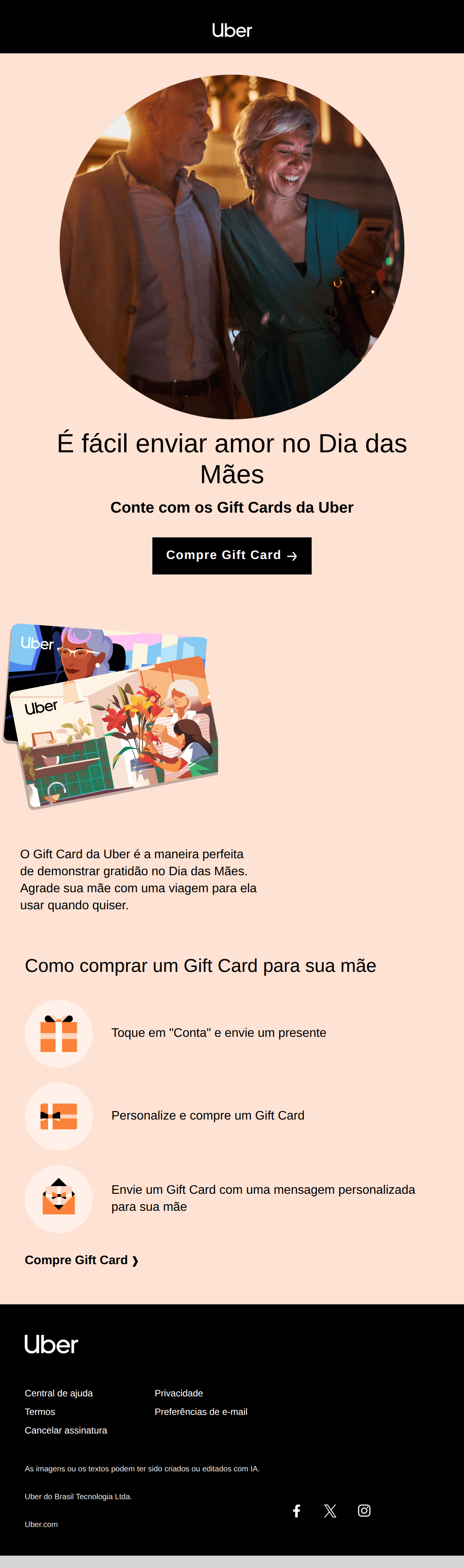 Uber: Ofereça um Gift Card da Uber para sua mãe.