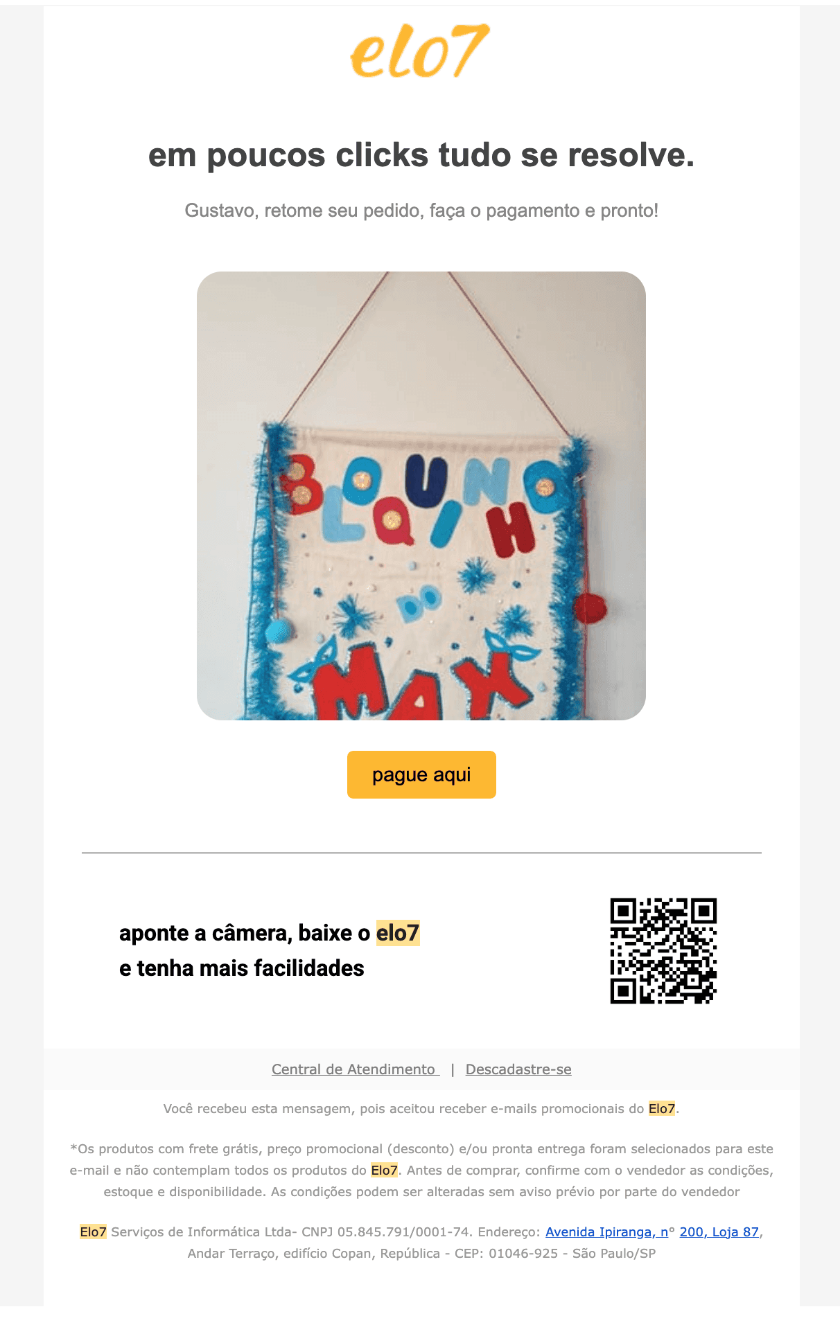 Elo7: [NAME], seu pedido está te esperando. 👋