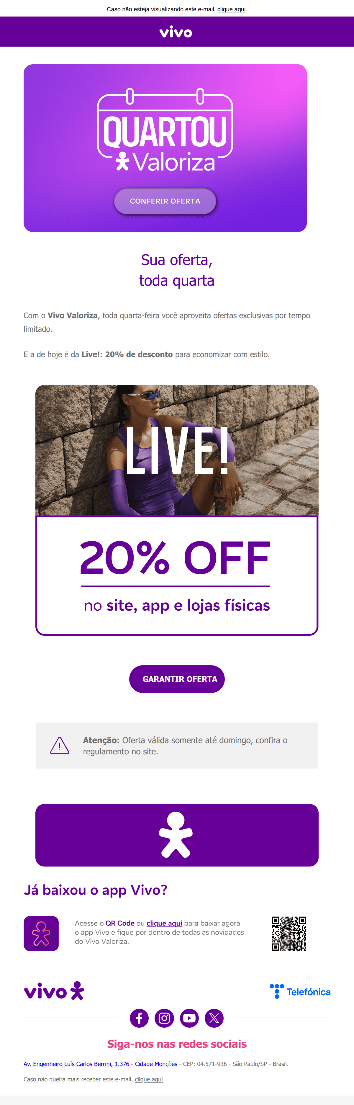Vivo: Economize 20% na Live! com o Quartou Vivo Valoriza