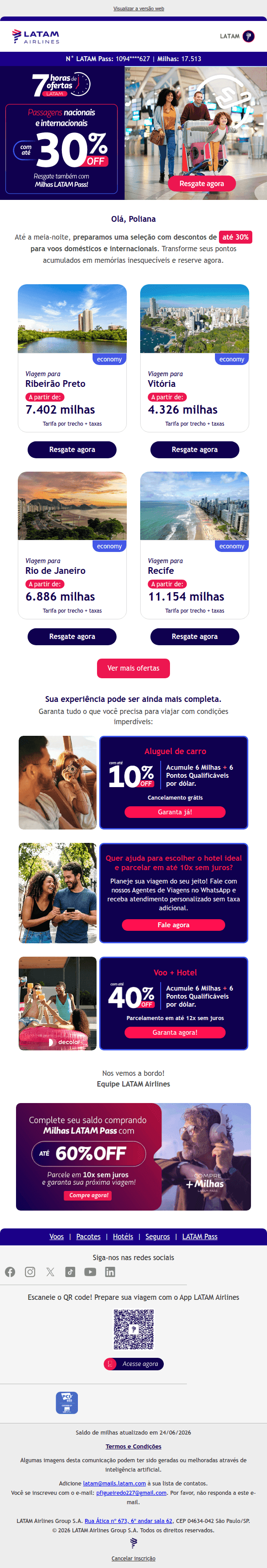 Latam: ⏱️ Hora de usar suas milhas: voos com até 30% OFF!