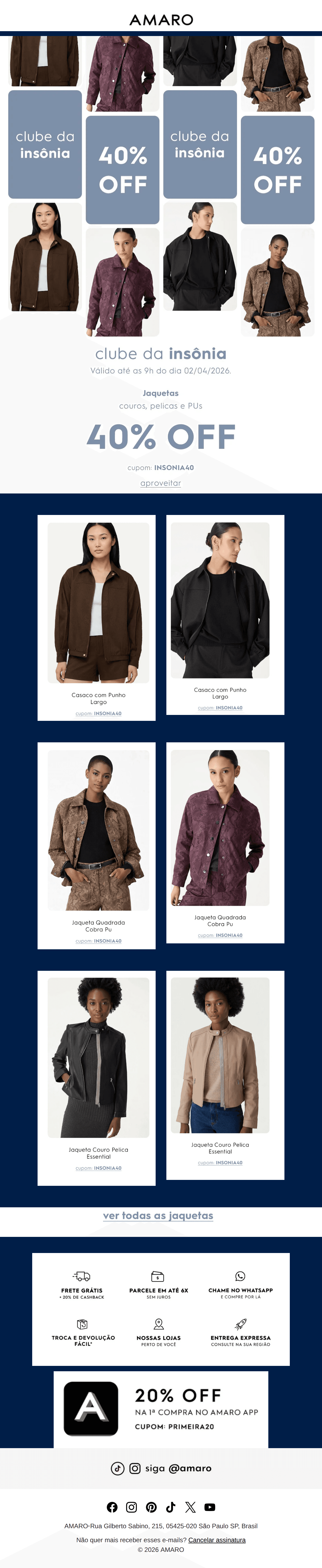 Amaro: Jaquetas com 40% OFF 🖤 Cupom INSONIA40 valendo por tempo limitado.