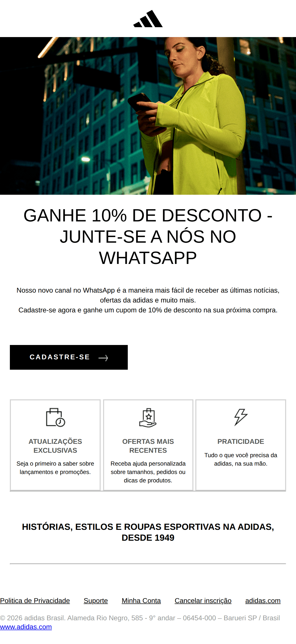Adidas: Ganhe 10% de desconto ao se juntar à comunidade adidas no WhatsApp