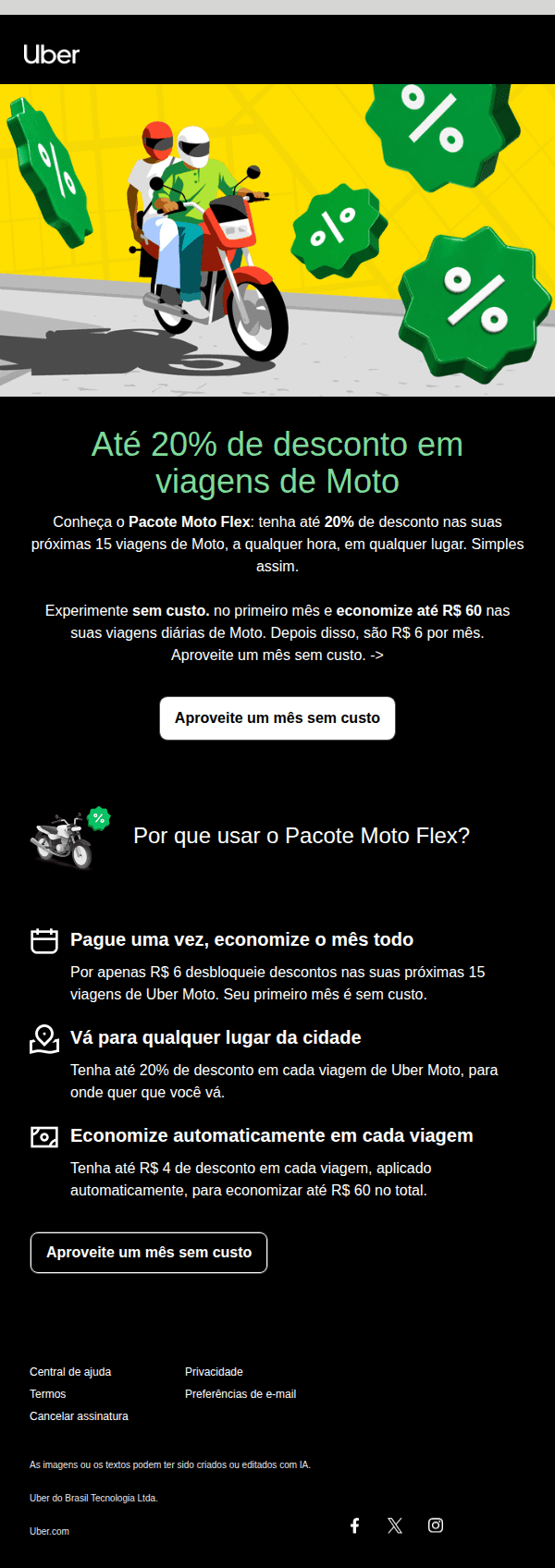 Uber: Economize até R$ 60 em viagens de Moto
