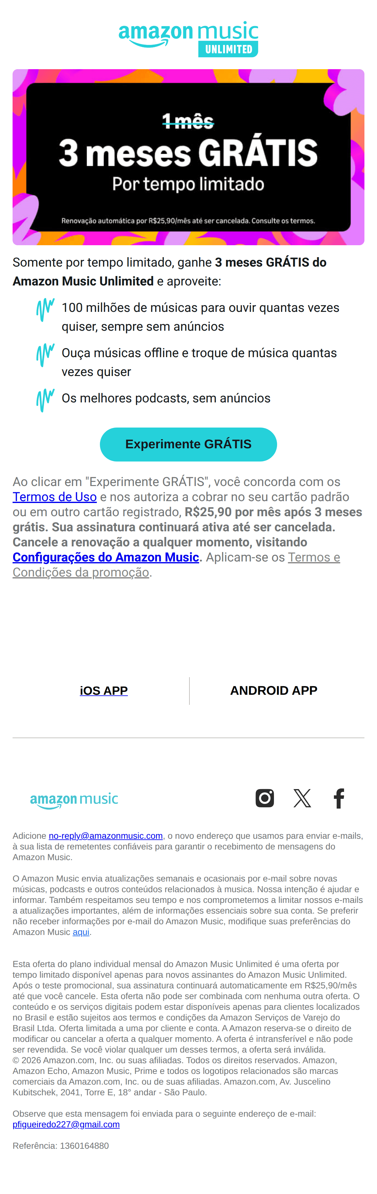 Amazon music: Parabéns! Você é elegível a 3 meses grátis 🎵