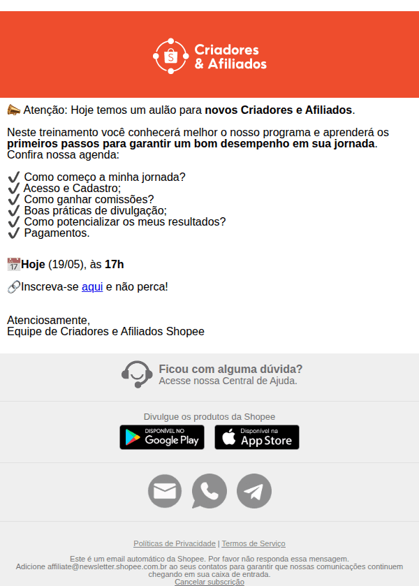 Shopee: Afiliado(a), não perca o treinamento de hoje! 👀