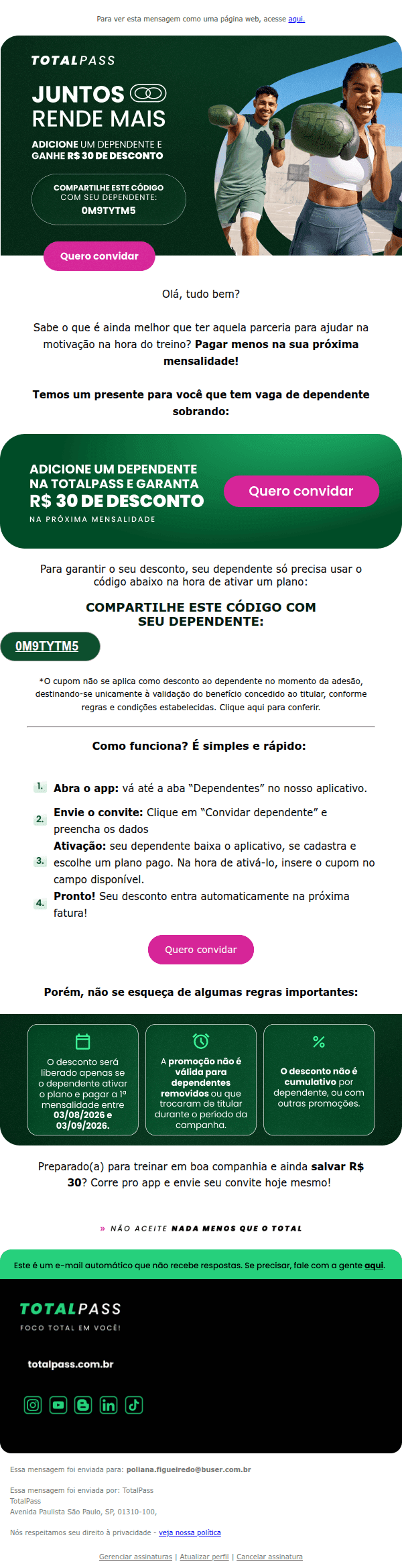 Totalpass: Convide alguém para treinar e ganhe R$ 30 OFF 🤑