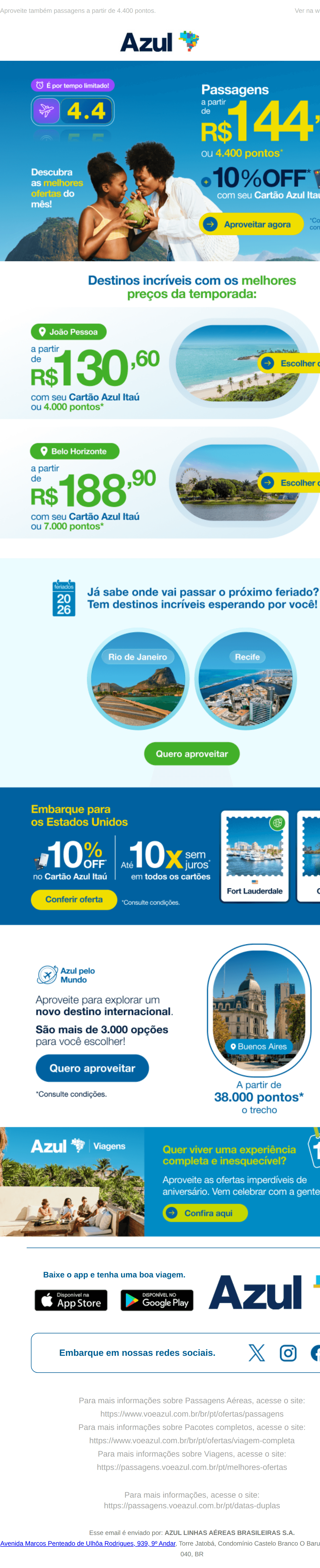 Azul: 🚨 Essa é sua última chance de voar a partir de R$ 144,90