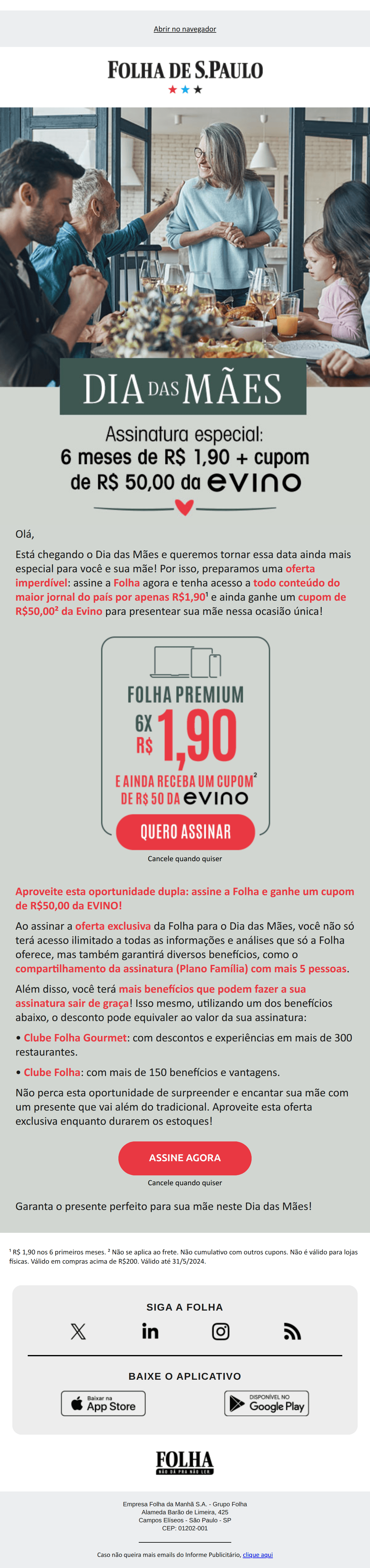 Folha de sao paulo: Você Ganhou 95% OFF para Assinar a Folha + Cupom de R$ 50 da Evino