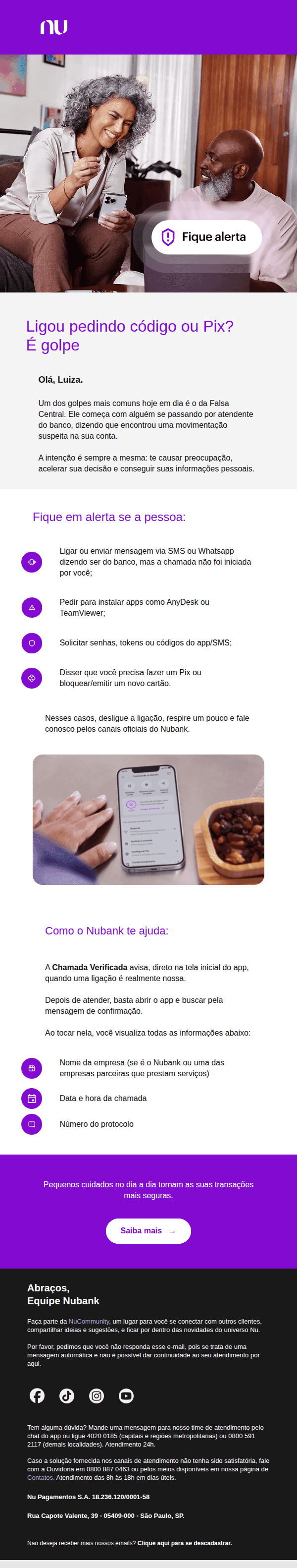 Nubank: Te ligaram do “banco”? Pode ser golpe.