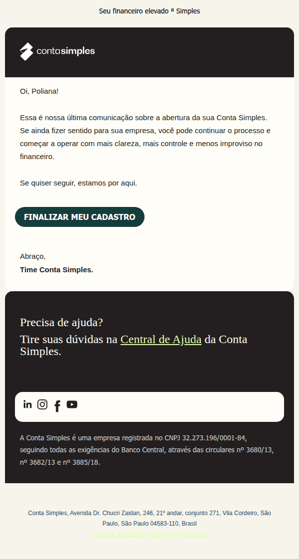Conta simples: Último lembrete sobre sua abertura de conta