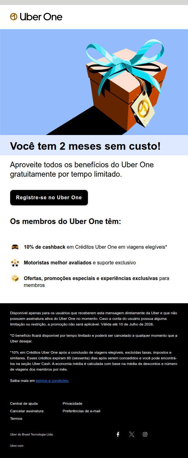 Uber: 2 meses sem custo ao abrir este e-mail!