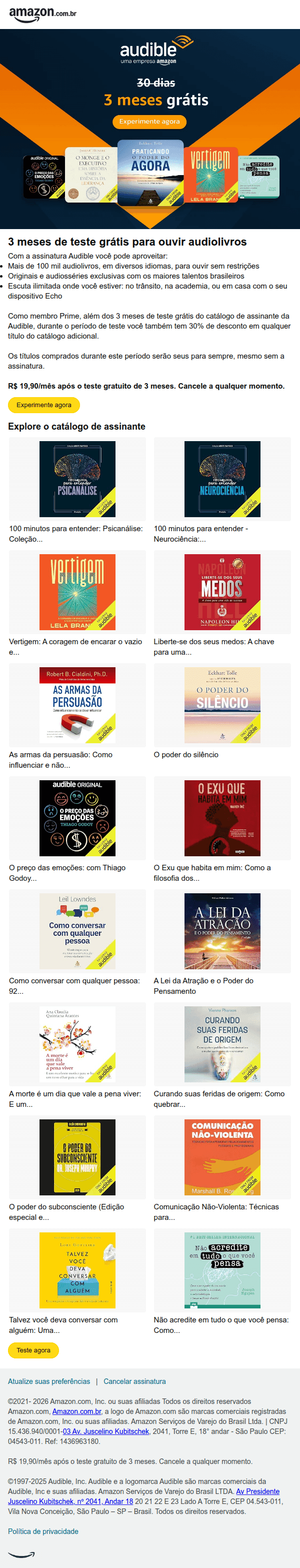 Amazon: Parabéns! Você é elegível a 3 meses grátis de Audible.
