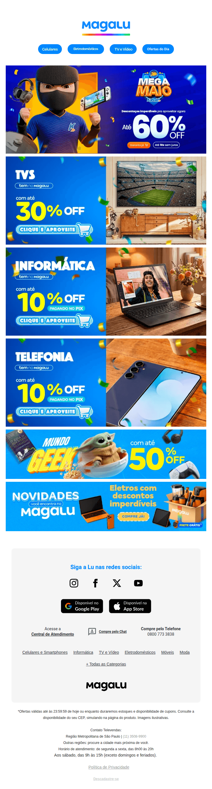 Magalu: Mega Maio: Até 60% de desconto ativado 🚀