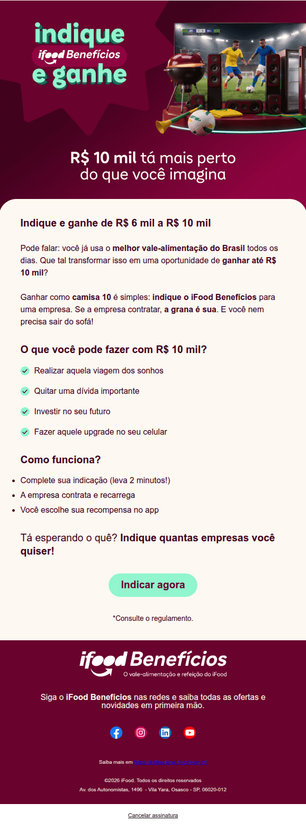 Ifood beneficios: TV gigante, soundbar e churrasqueira — tudo por uma indicação