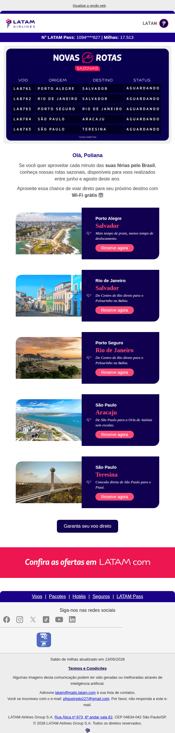 Latam: Voe sem escalas para suas férias de julho!