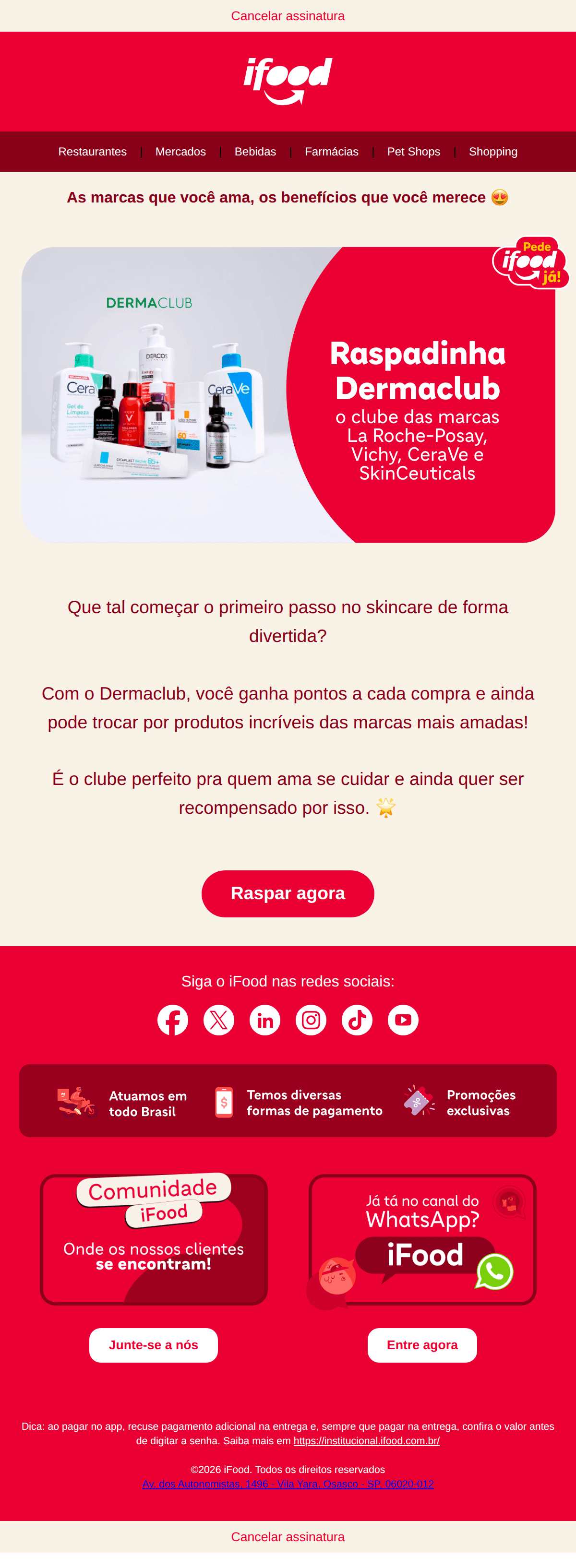 Ifood: 🎁 Raspadinha Dermaclub te espera