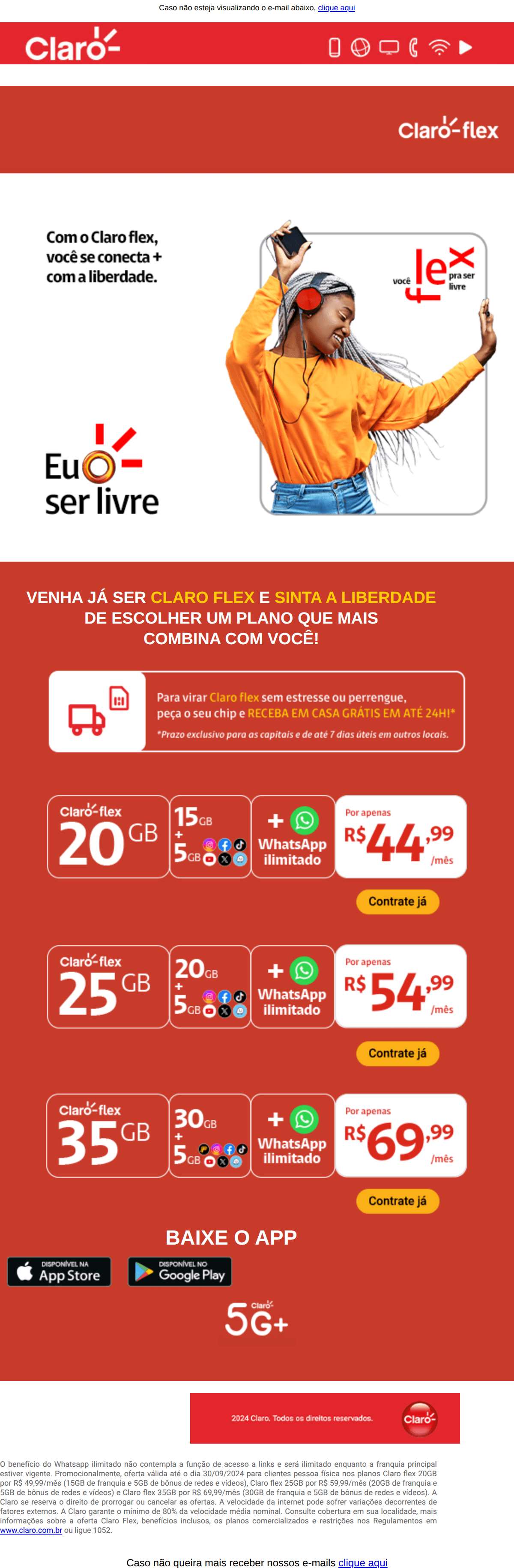 Claro: Venha já para o Claro flex! São 20GB por R$44,99 + Whatsapp