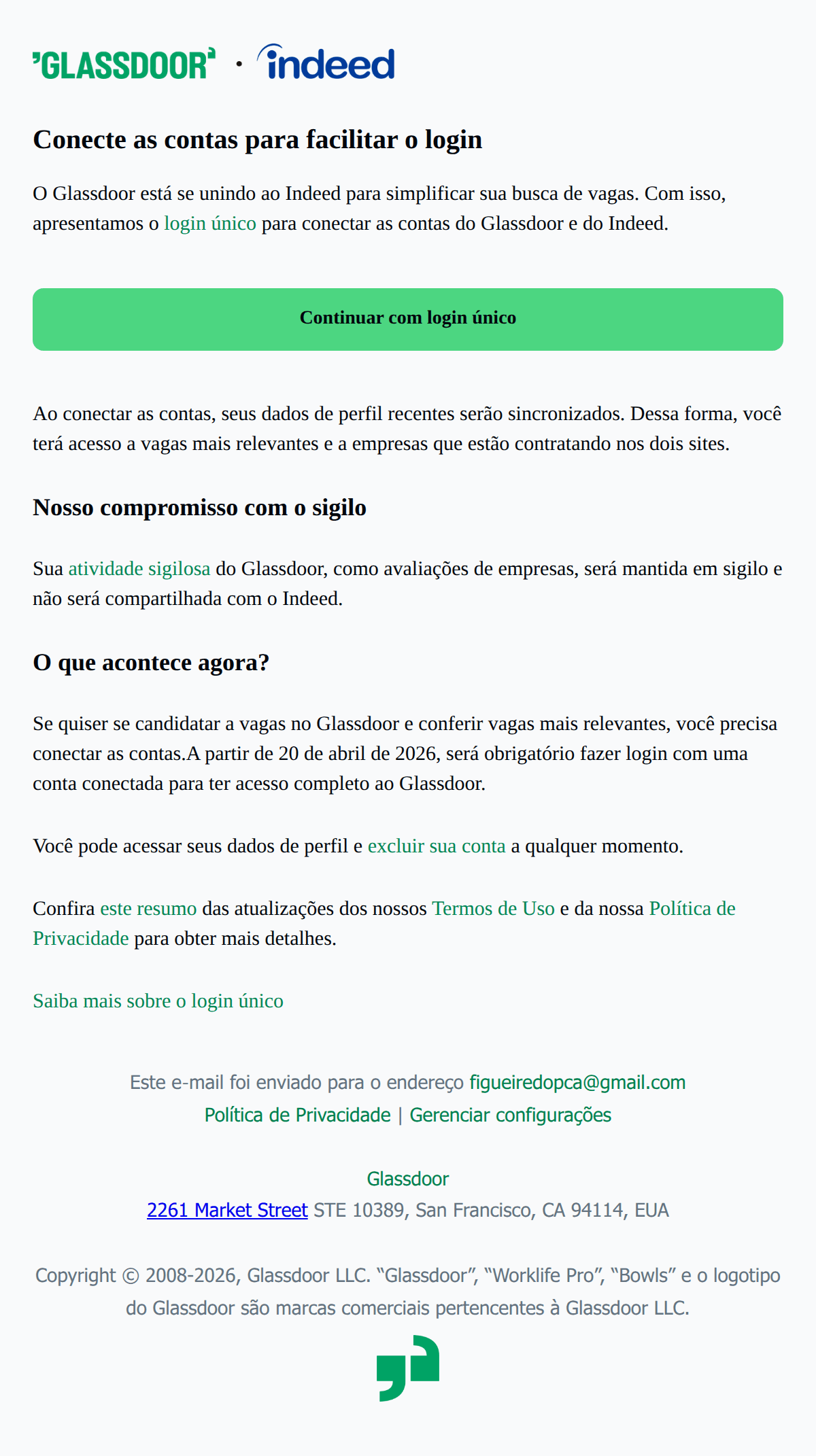 Glassdoor: Login único para conectar o Glassdoor e o Indeed