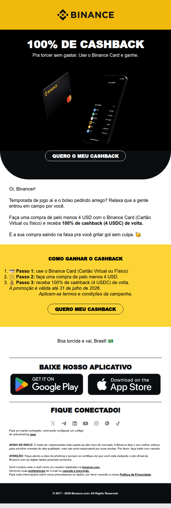Binance: ⚽ 100% de cashback pra torcer sem gastar