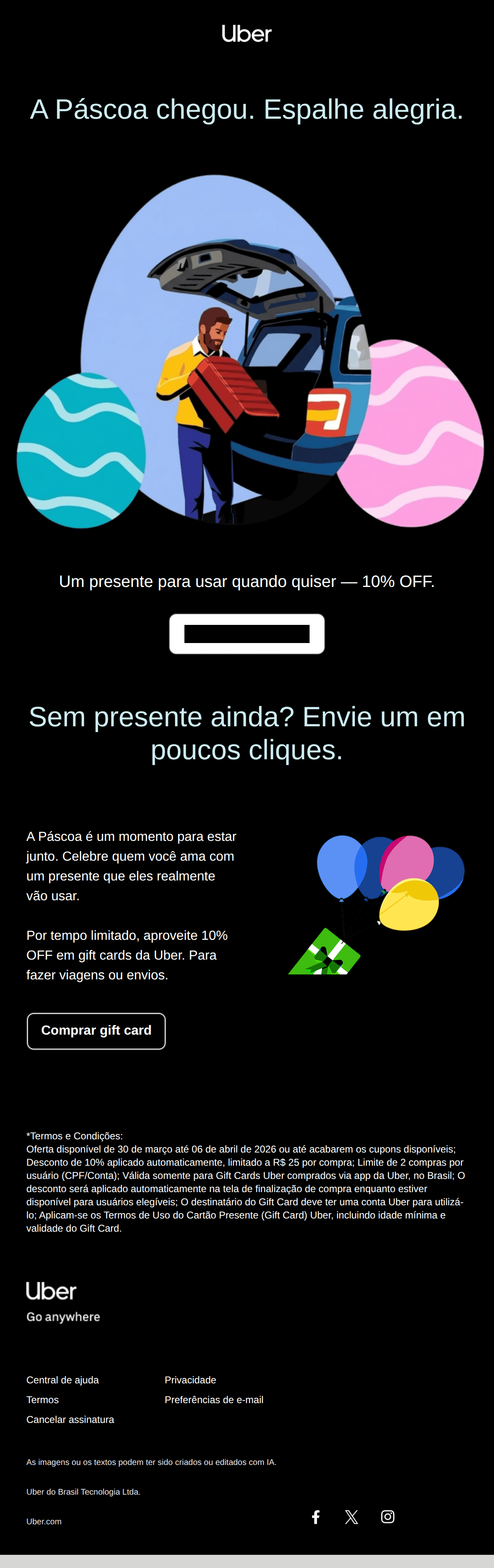 Uber: Gift cards de Páscoa com 10% OFF