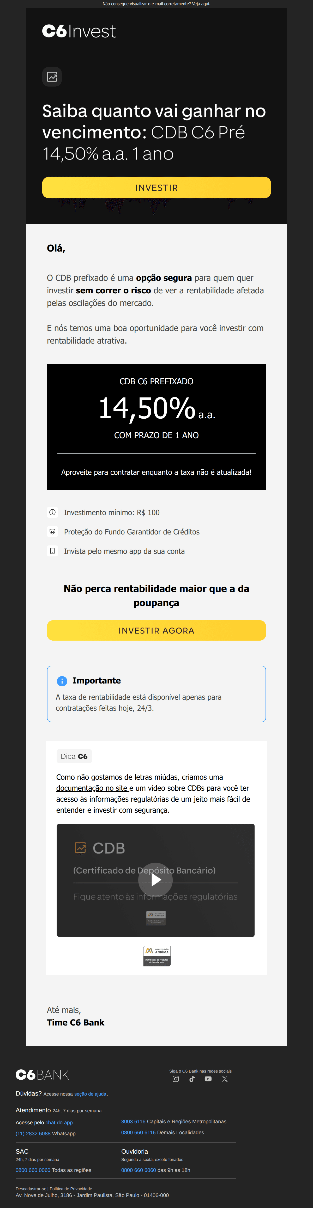C6 Bank: CDB C6 Pré 14,50% a.a. 1 ano para você