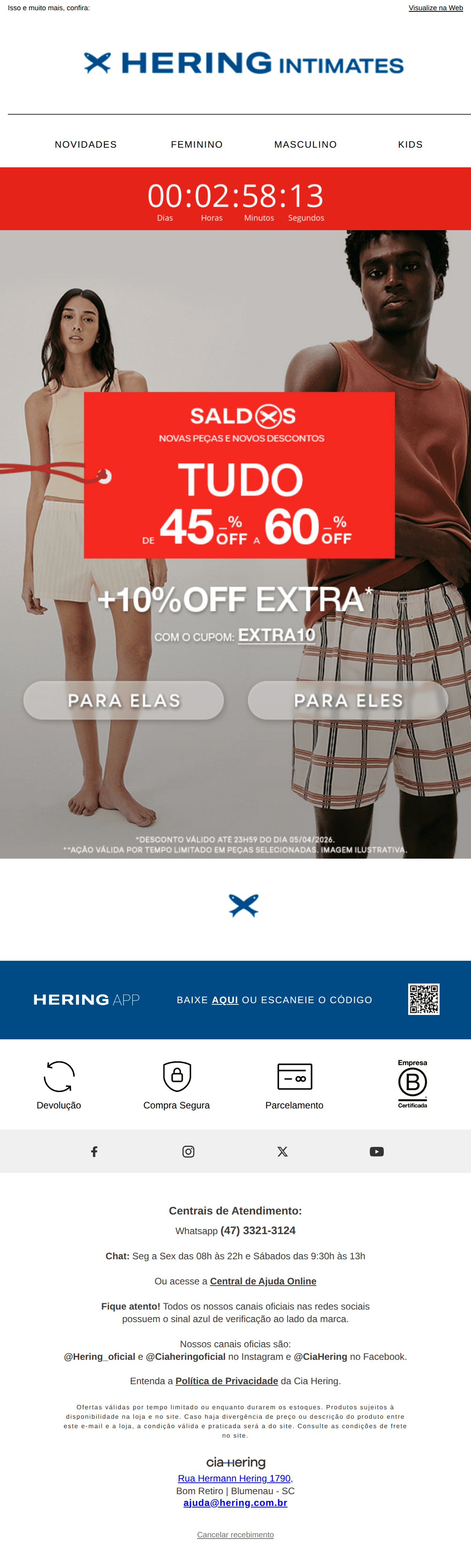Hering: Pijamas até 60% OFF + 10% OFF extra