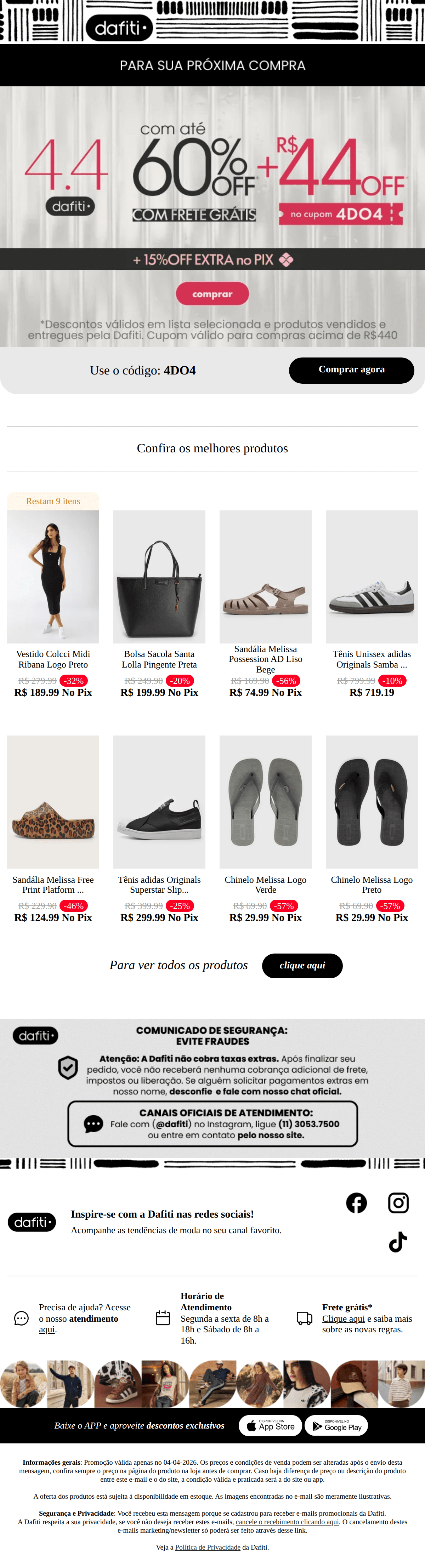 Dafiti: Começou o 4.4: até 60% OFF + 15% OFF extra no PIX💸🛍️