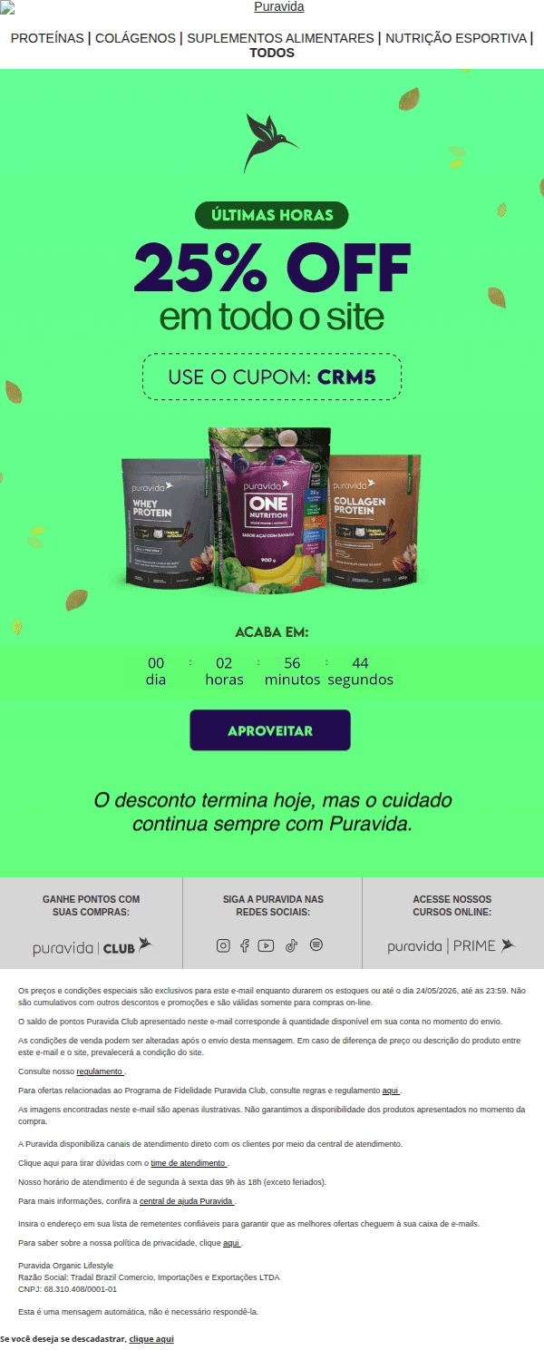 Puravida: Cupom de até 25% OFF acaba hoje ⏰
