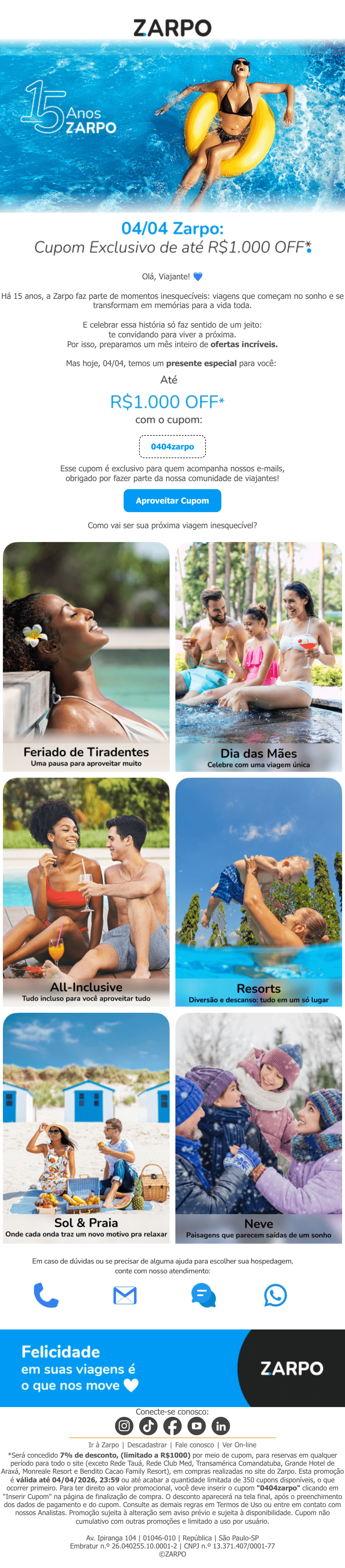 Zarpo: 04/04 de Aniversário: Viaje com Cupom Exclusivo