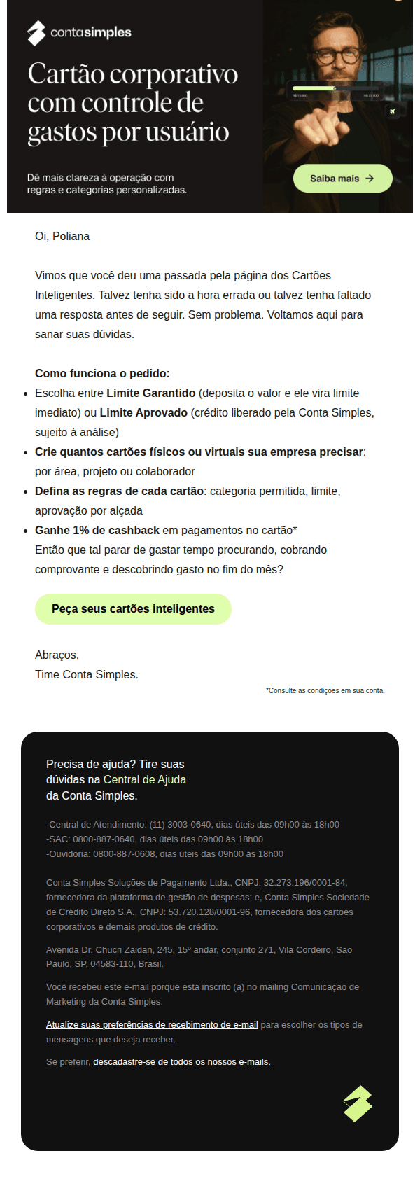 Conta simples: Quase lá! Seu cartão corporativo está reservado