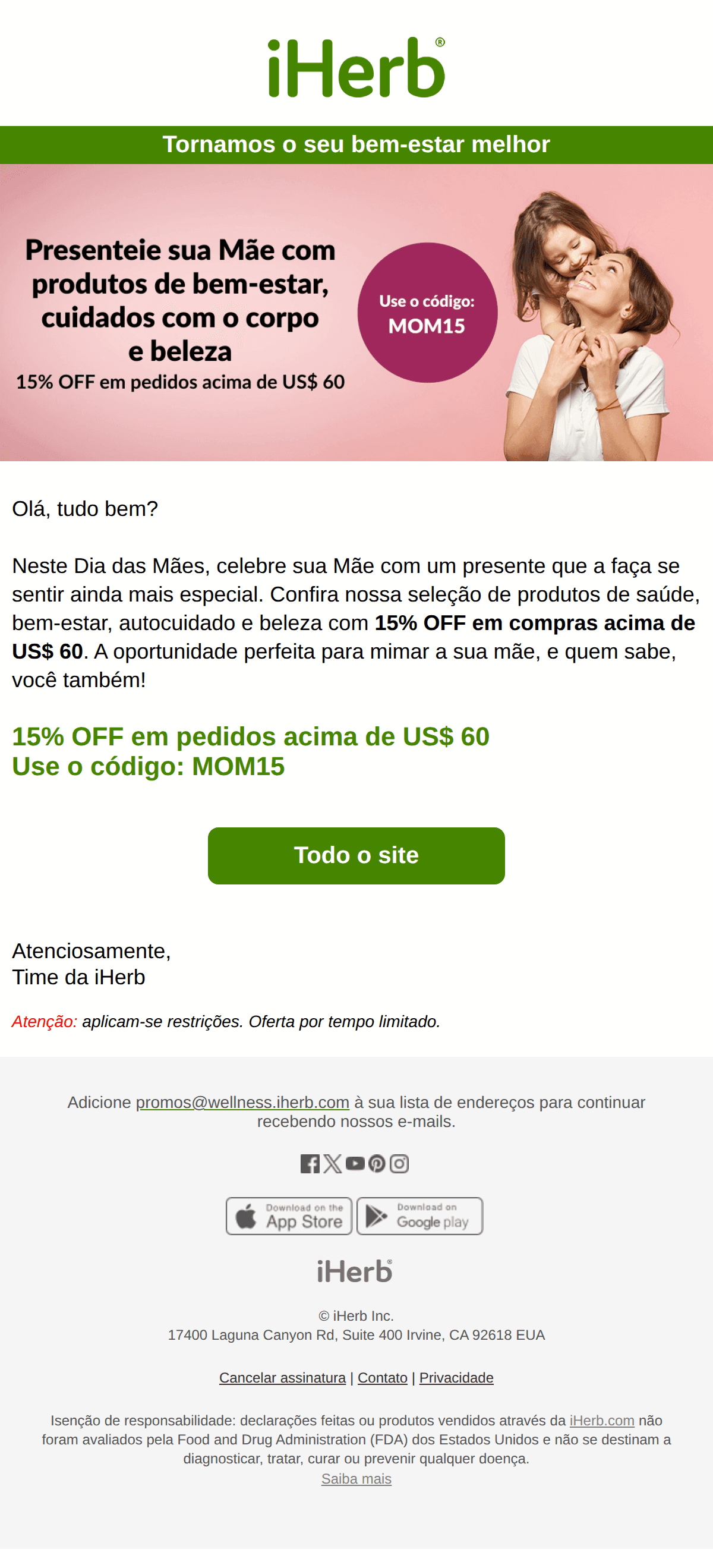 Iherb: ❤️ Presenteie sua Mãe com 15% OFF neste Dia das Mães!