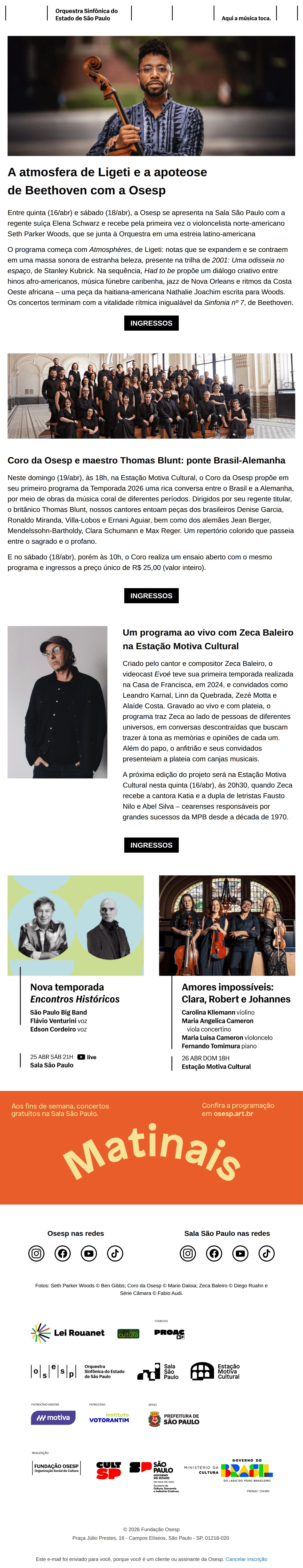 Osesp: Concertos sinfônicos, recital de câmara e Zeca Baleiro na agenda