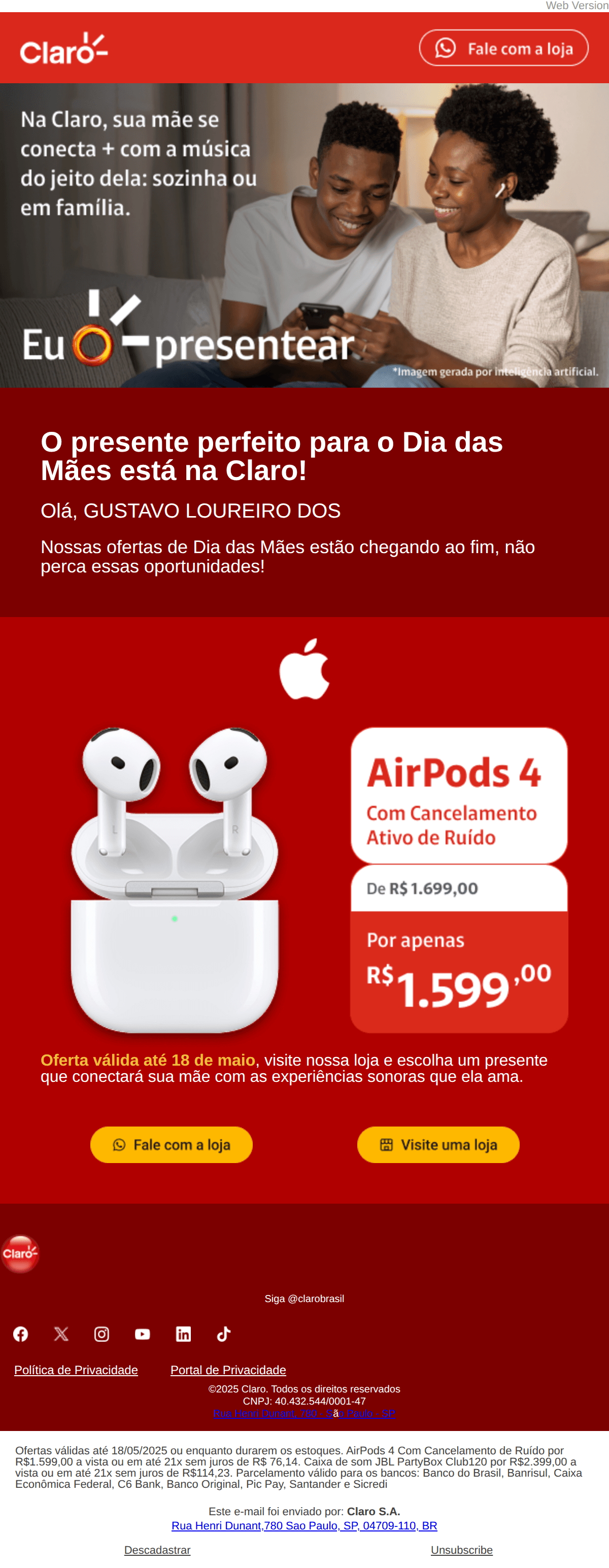 Claro: Ainda dá tempo de aproveitar nossas ofertas de dia das mães.