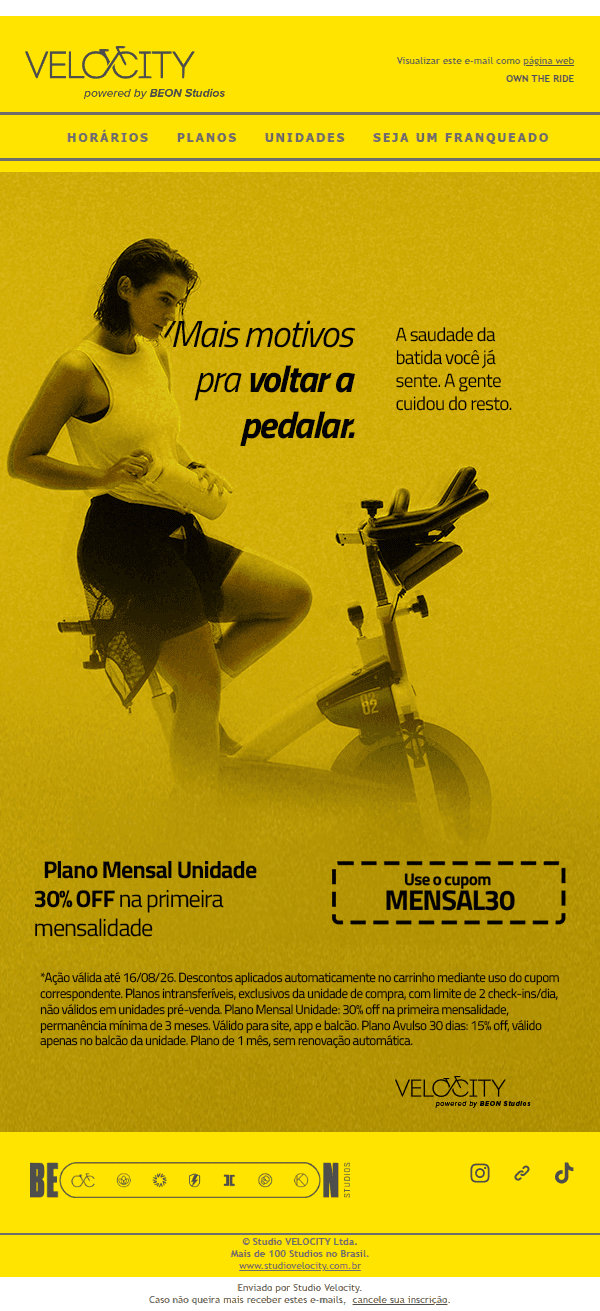 Velocity: 30% OFF no 1º mês do plano mensal 🚴💛