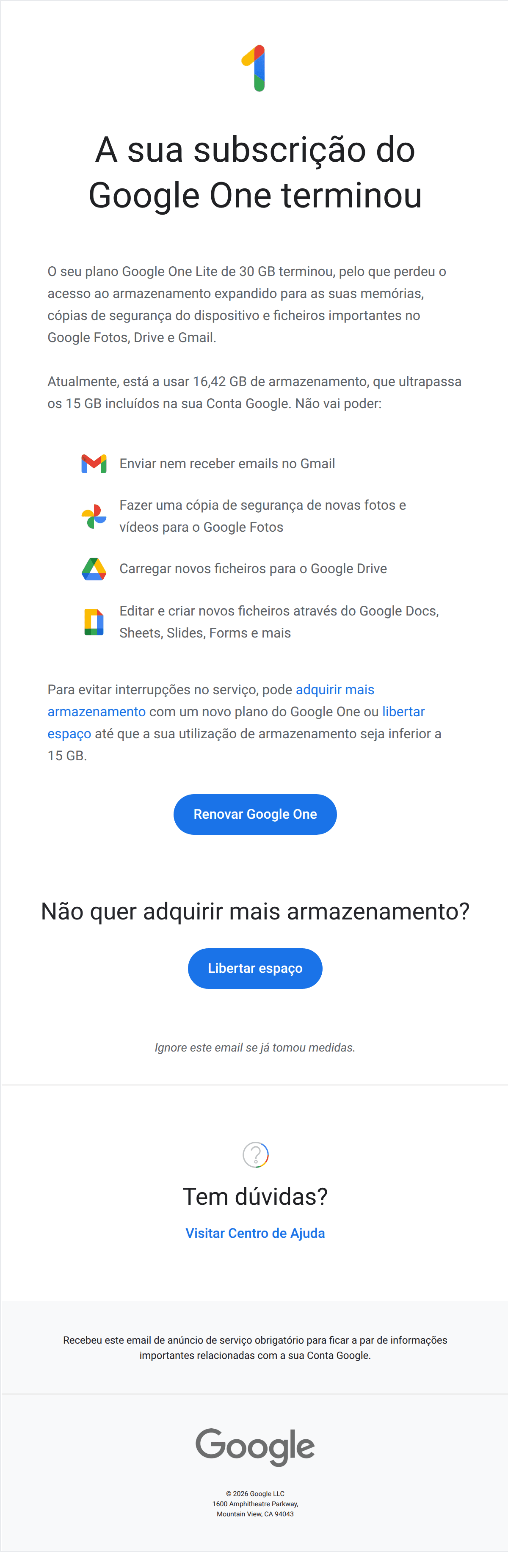 Google: O seu plano Lite de 30 GB terminou
