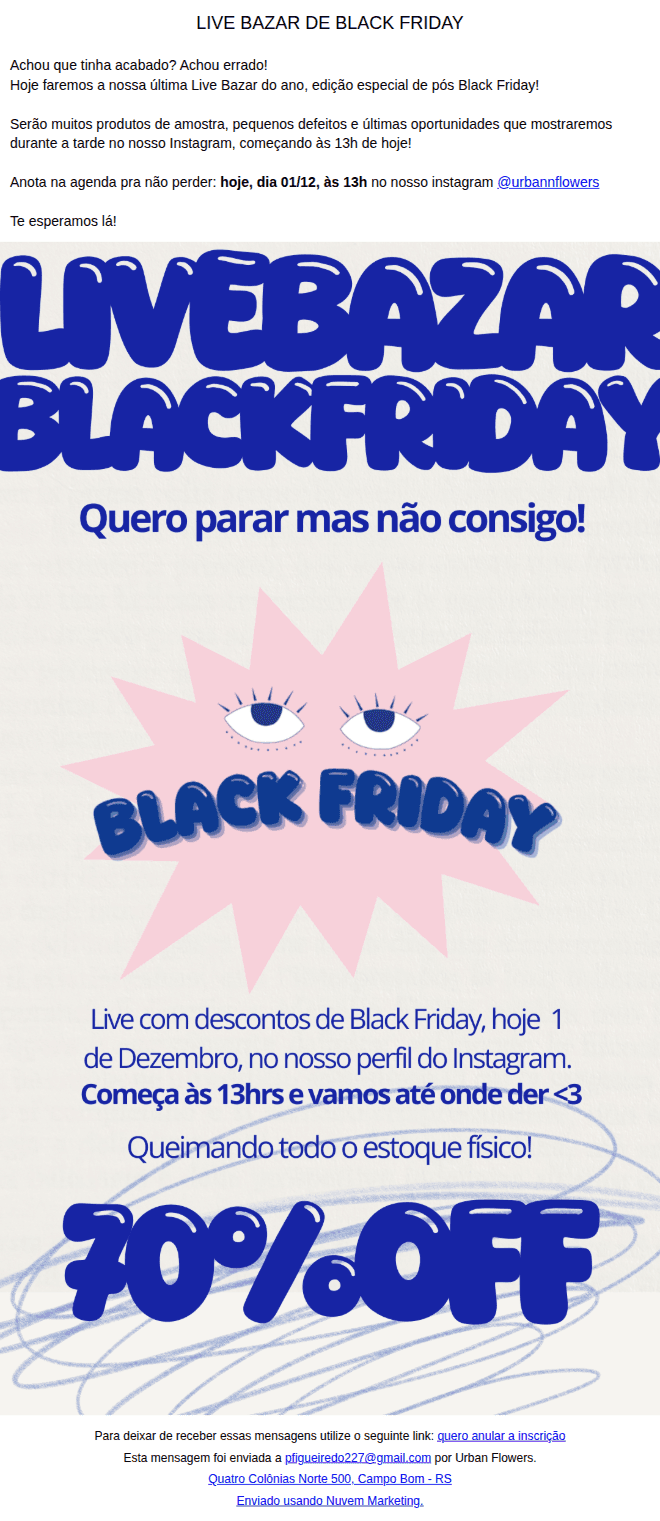 Urbanflowers: 👀 Live Bazar Edição Black Friday