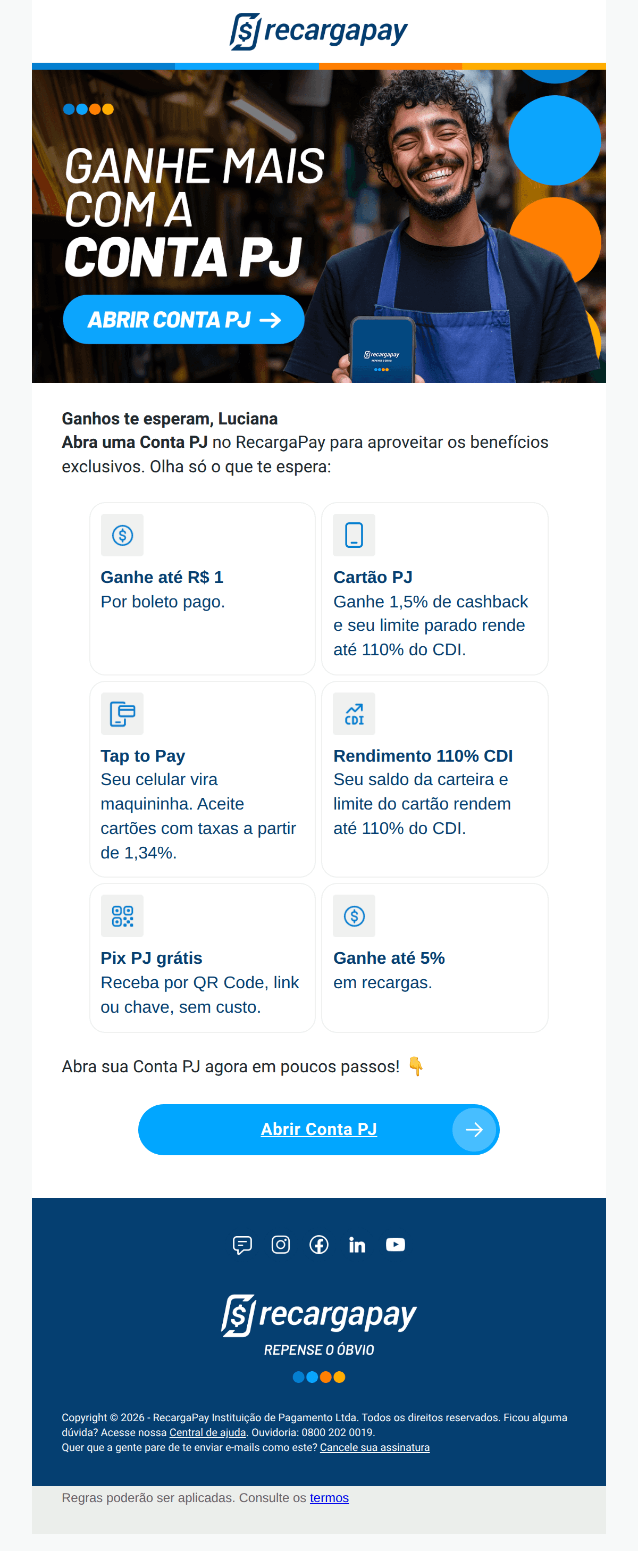 Recargapay: Conta PJ com ganhos e sem mensalidade. Conheça!