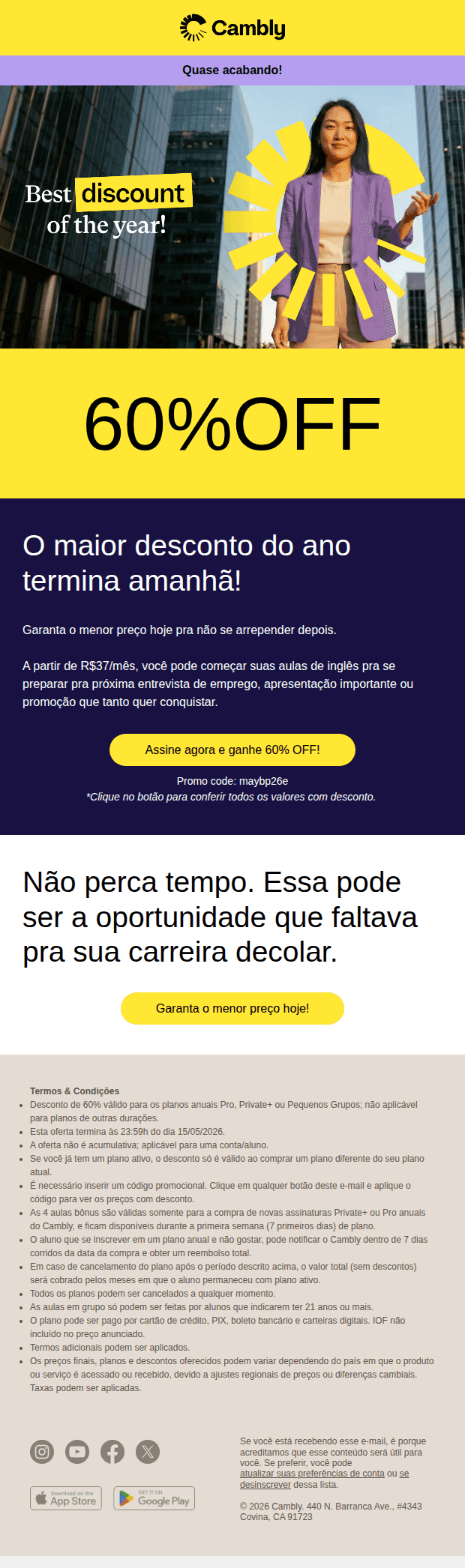 Cambly: Termina amanhã: 60% OFF tá quase acabando! 👋