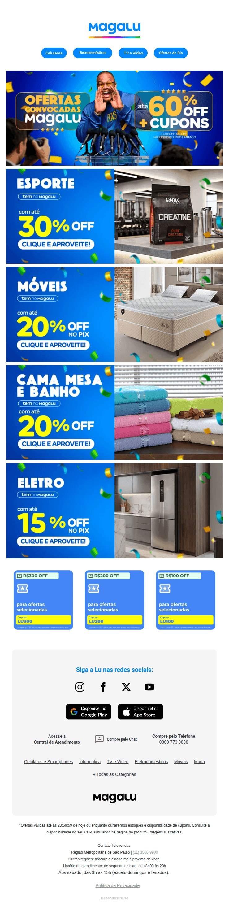 Magalu: 🚨CONVOCAÇÃO OFICIAL: ATÉ 60% OFF + CUPONS! 🇧🇷💙