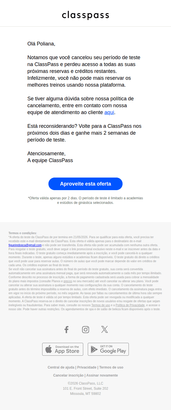 Classpass: Cancelamento do seu período de teste