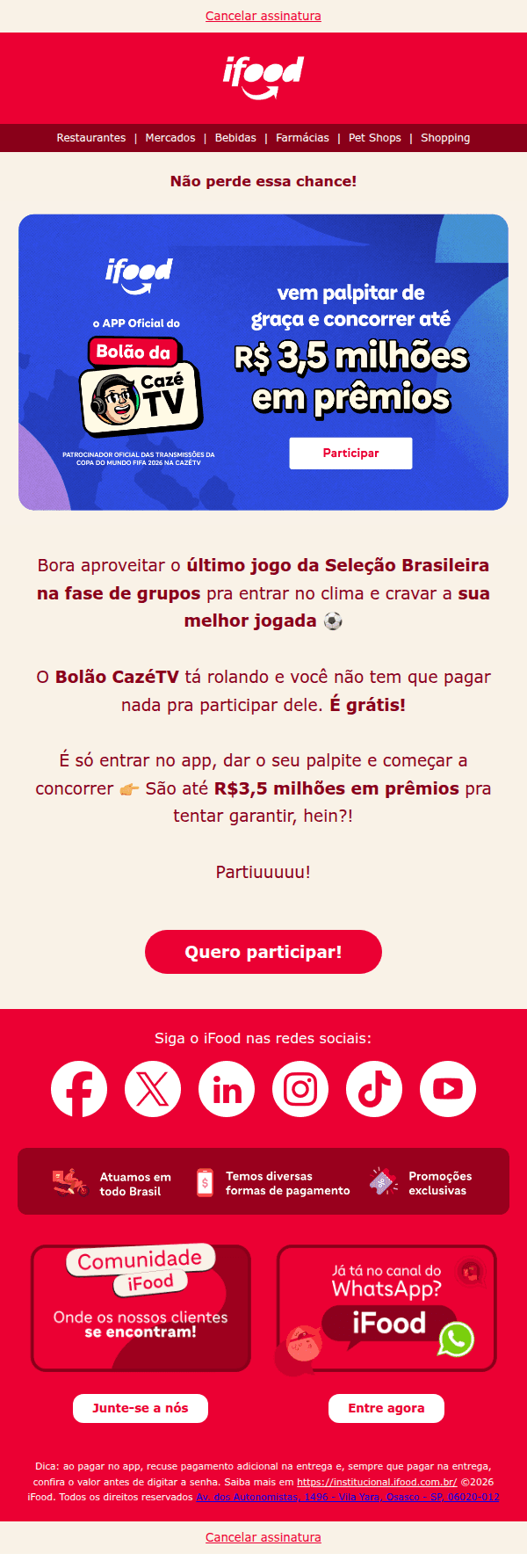 Ifood: Bolão da CazéTV espera seu palpite ⚽ E é GRÁTIS!