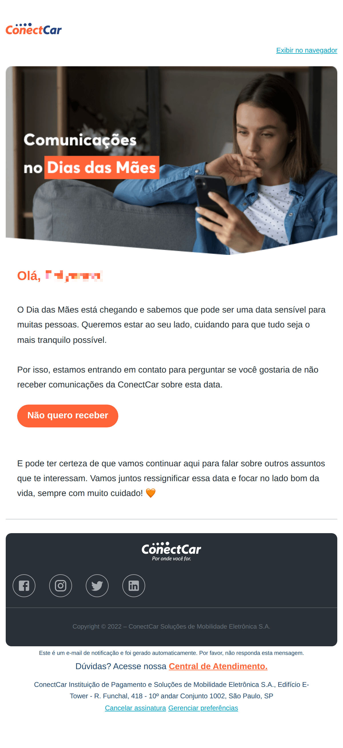 ConectCar: Prefere não receber mensagens sobre o Dia das Mães? ☺️