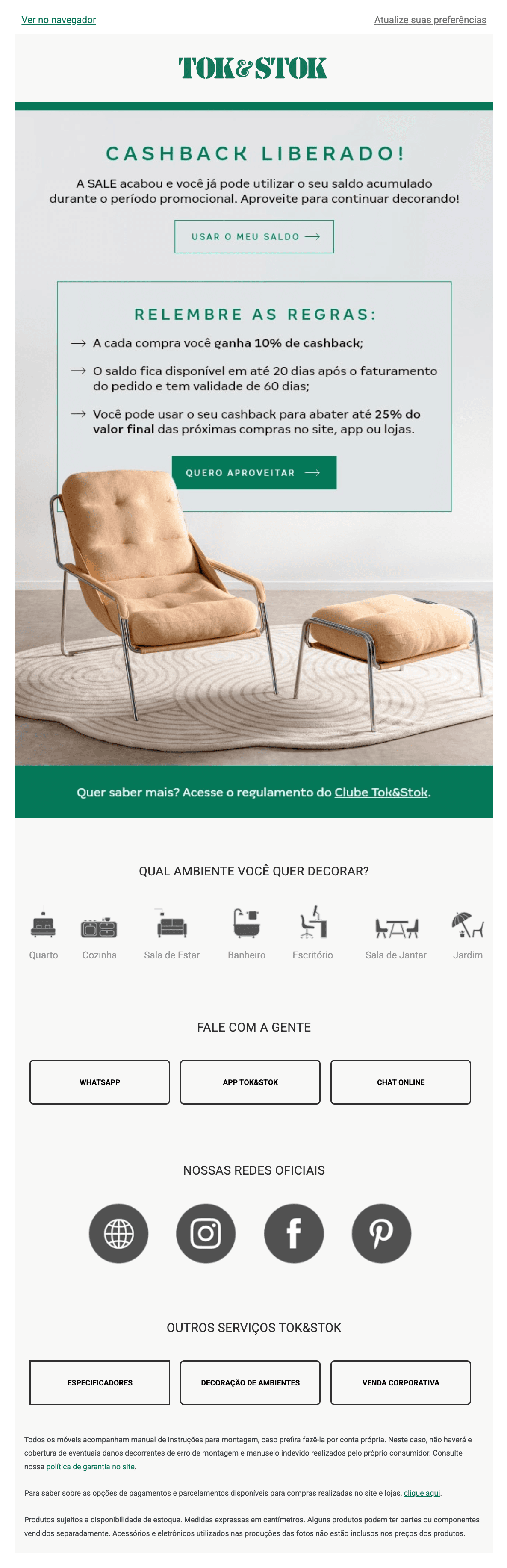 Tok&Stok: Seu cashback já está disponível 💚