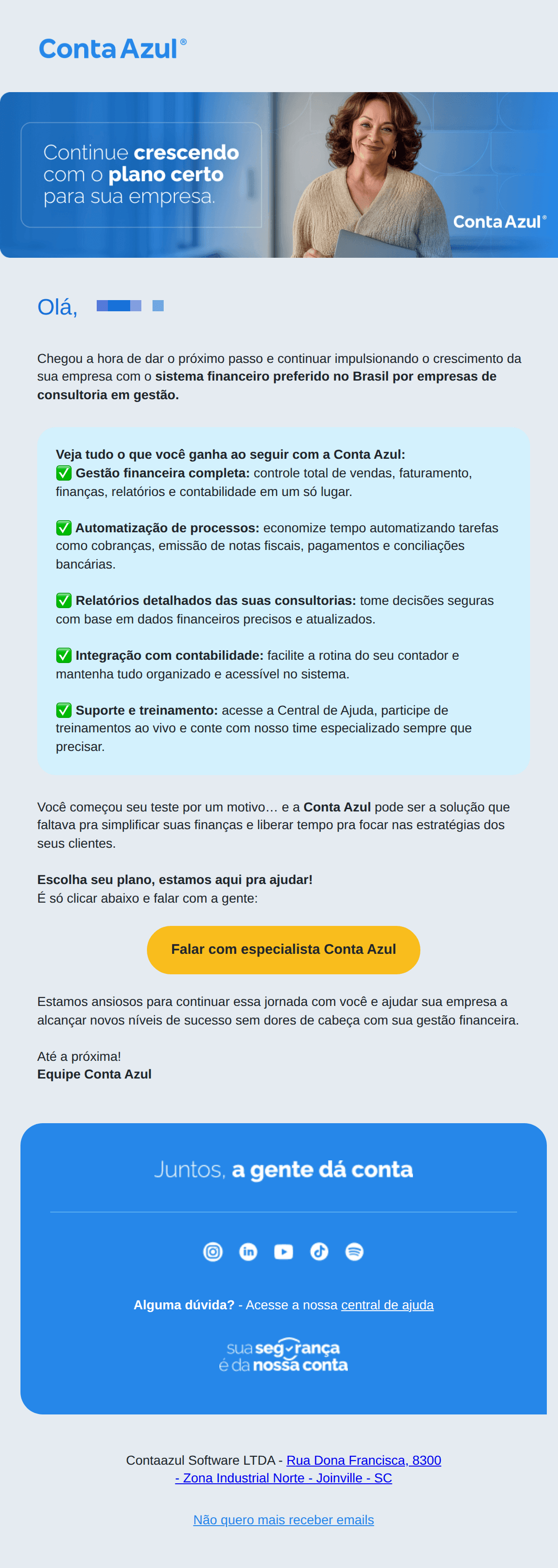 Conta azul: Esse é seu plano [name], pode conferir