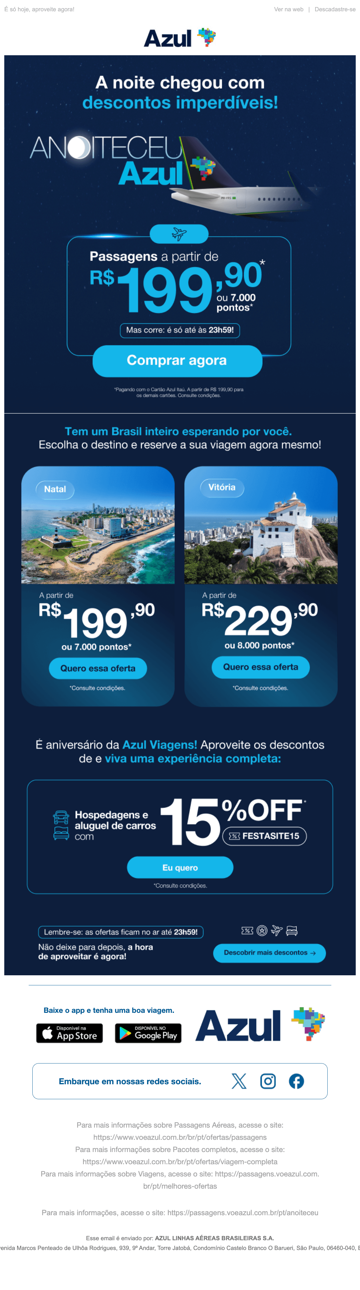Azul: 🕕 Valendo: voos a partir de R$ 199,90
