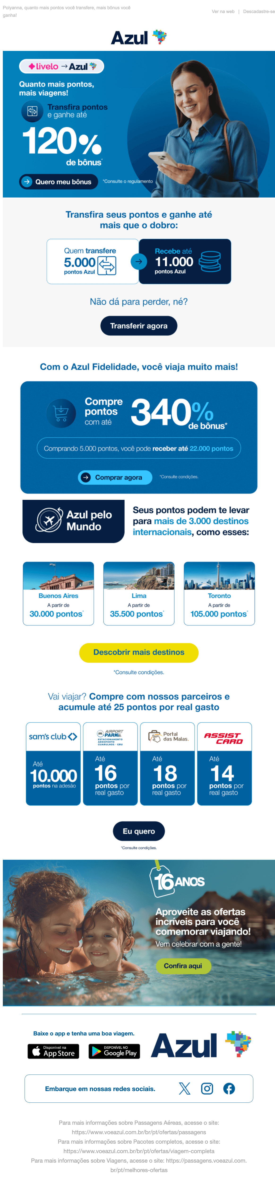 Azul: Até 120% de bônus pra você 🫵💙